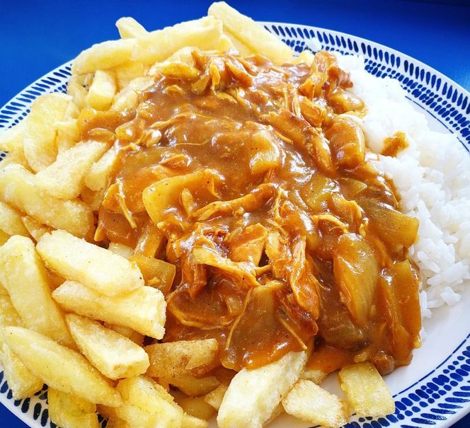 Home-made chicken curry with half and half rice and chips at The Fryery chippy on Guildford Road in Birkdale in Southport. Photo by PadThaiPaul