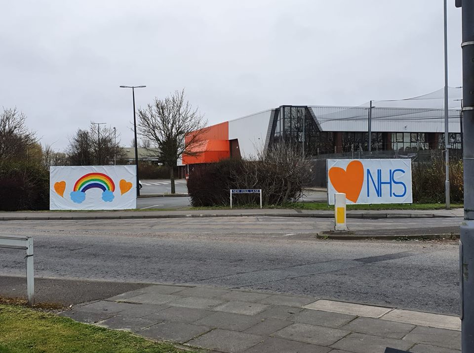 Rainbow banners paying tribute to the NHS outside the B&Q store at Kew roundabout in Southport 