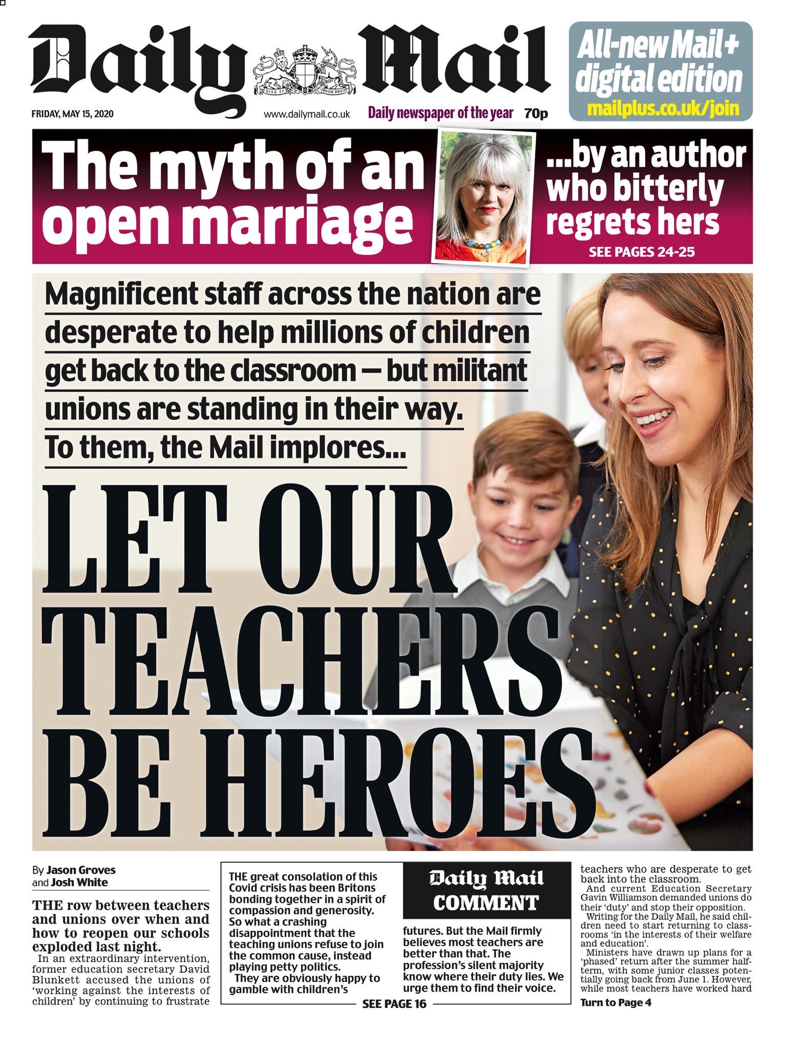 The Daily Mail front page on Friday, May 15, with the headline: 'Let Our Teachers Be Heroes'